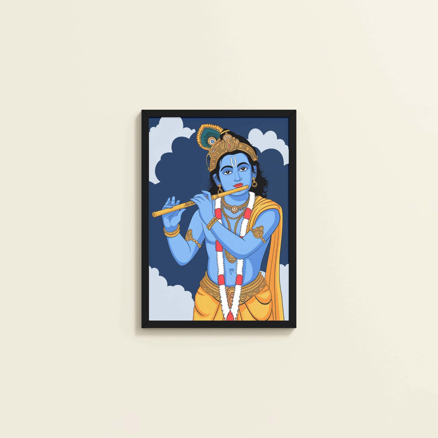 Wall View of Divine Melody – Krishna Playing the Flute Wall Art in Black Color Frame