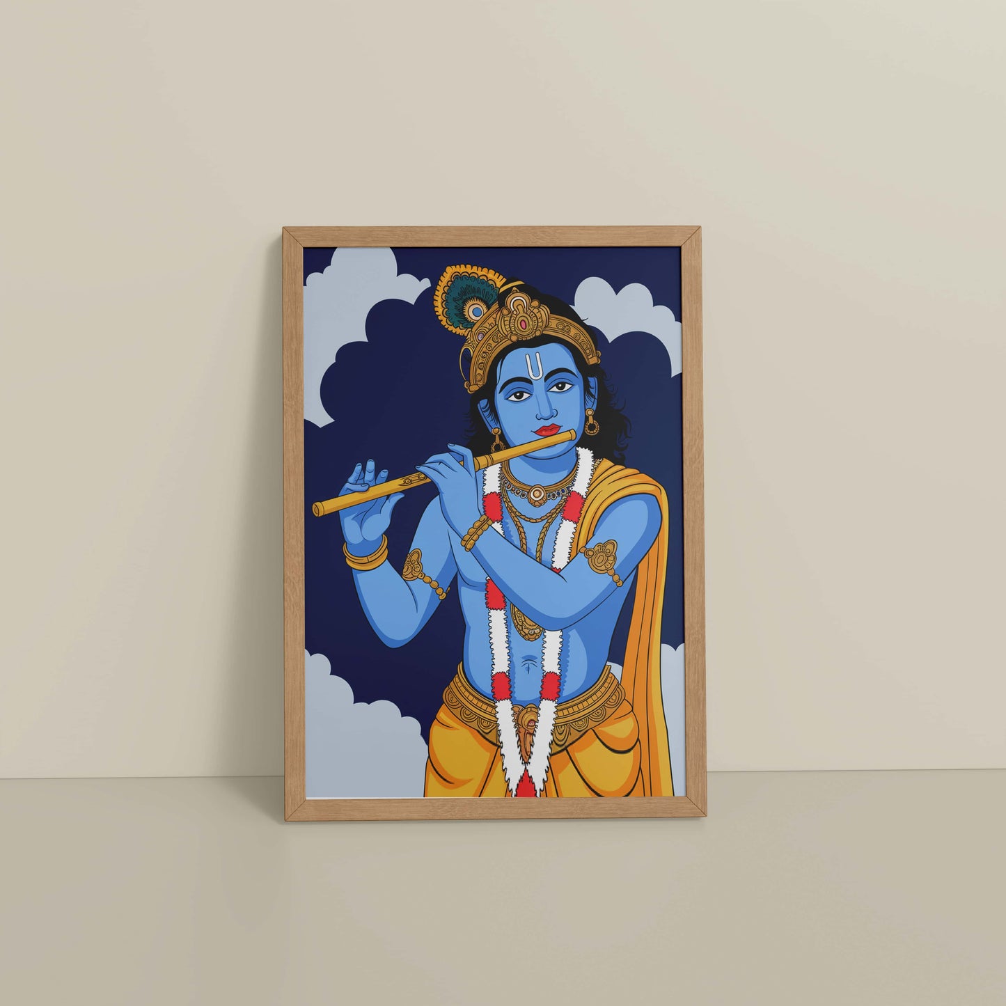 Floor View of Divine Melody – Krishna Playing the Flute Wall Art in Natrual Color Frame