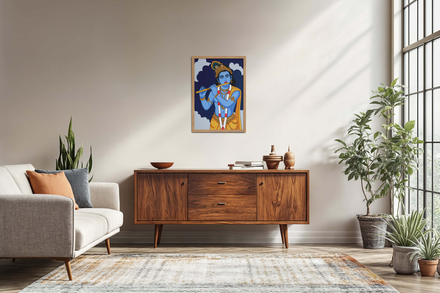 Living Room Sofa Preview of Divine Melody – Krishna Playing the Flute Wall Art in Natrual Color Frame