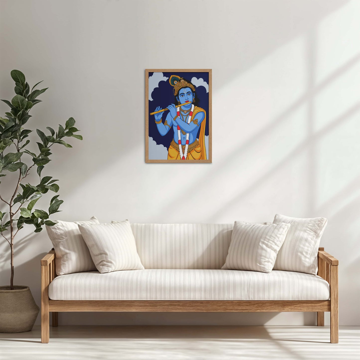 Living Room Cabinet Table Preview of Divine Melody – Krishna Playing the Flute Wall Art in Natrual Color Frame