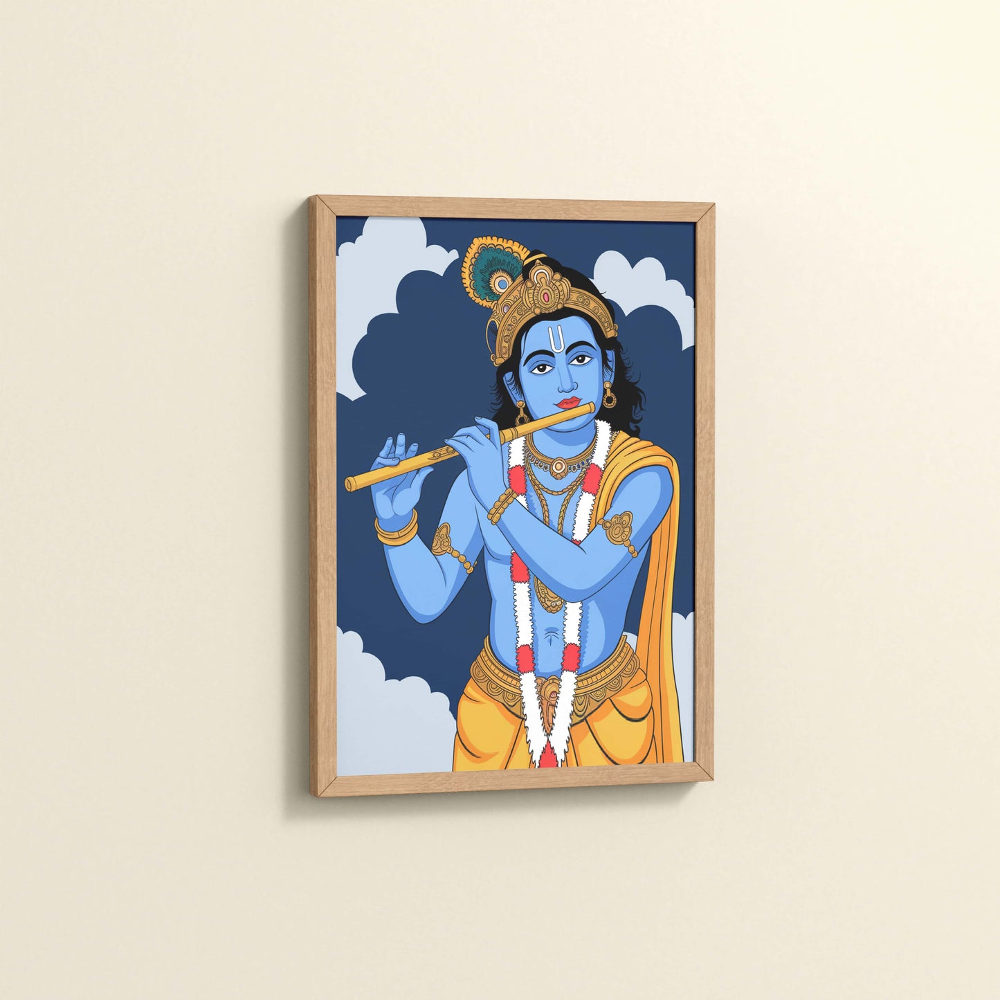 Side View of Divine Melody – Krishna Playing the Flute Wall Art in Natrual Color Frame