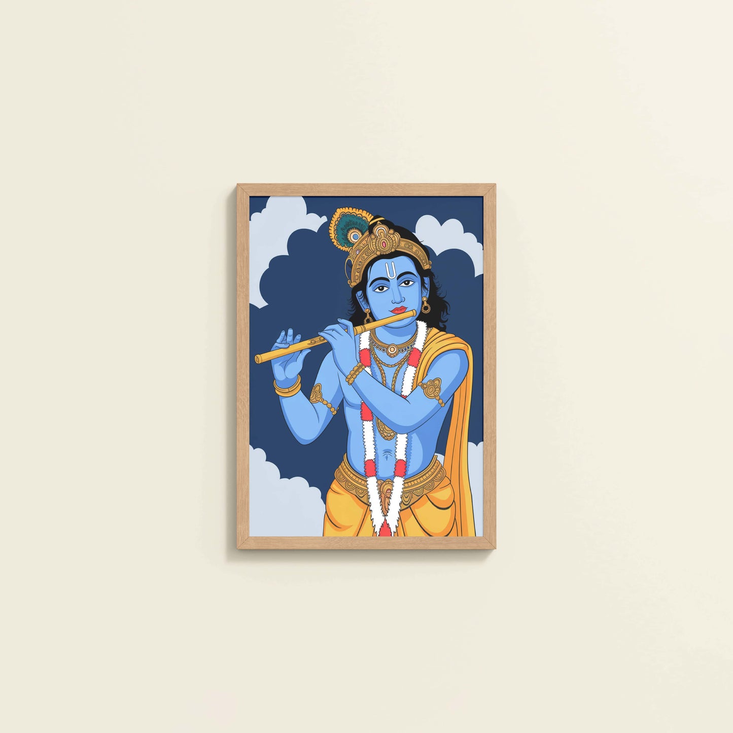 Wall View of Divine Melody – Krishna Playing the Flute Wall Art in Natrual Color Frame