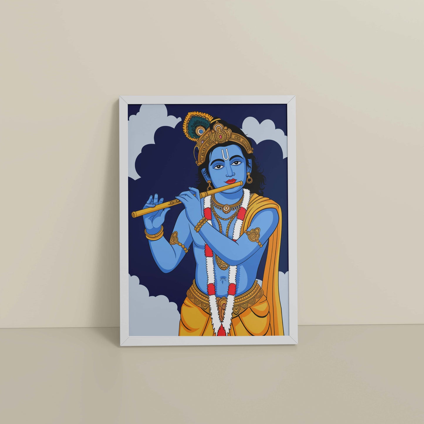 Floor View of Divine Melody – Krishna Playing the Flute Wall Art in White Color Frame