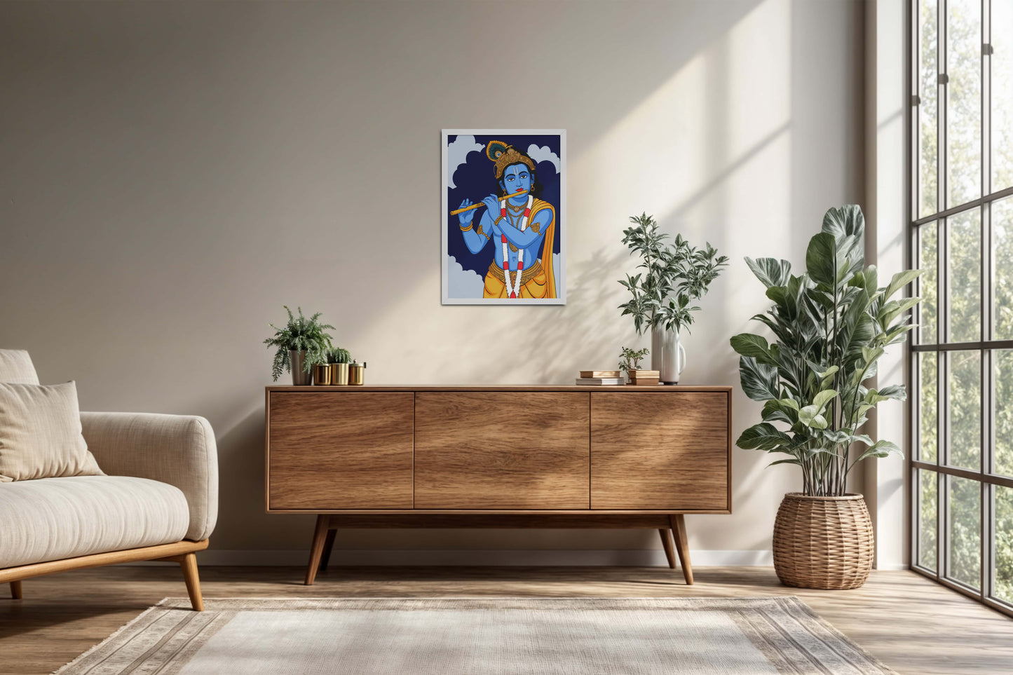 Living Room Cabinet Preview of Divine Melody – Krishna Playing the Flute Wall Art in White Color Frame