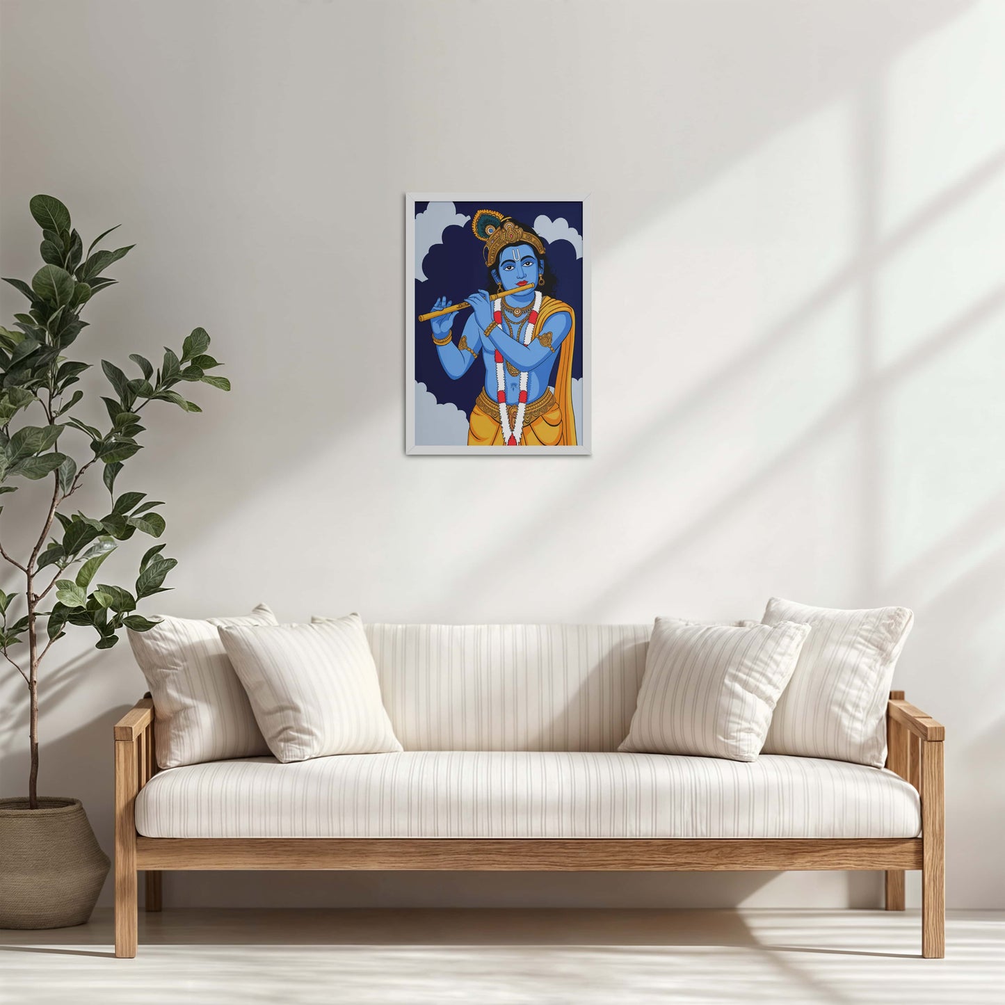 Living Room Cabinet Table Preview of Divine Melody – Krishna Playing the Flute Wall Art in White Color Frame