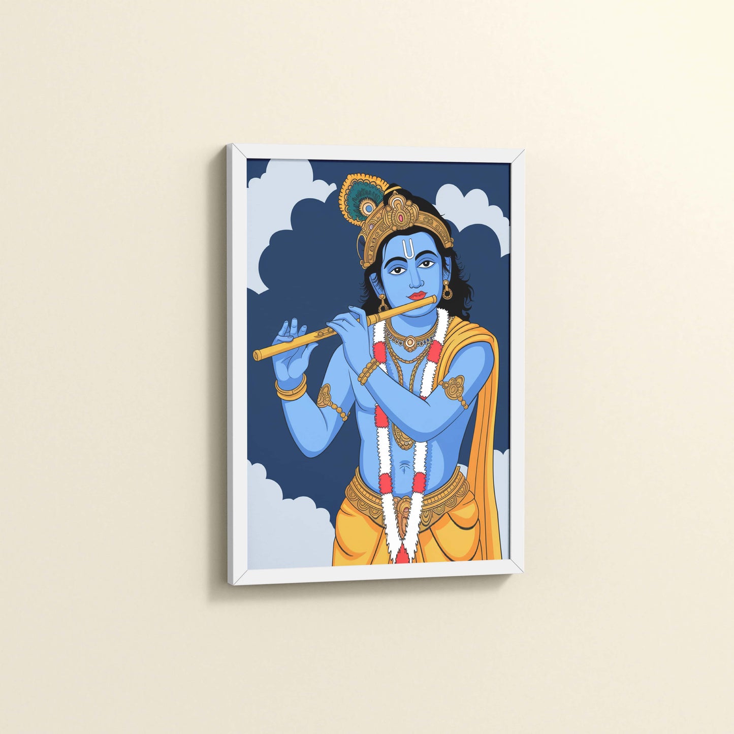 Side View of Divine Melody – Krishna Playing the Flute Wall Art in White Color Frame