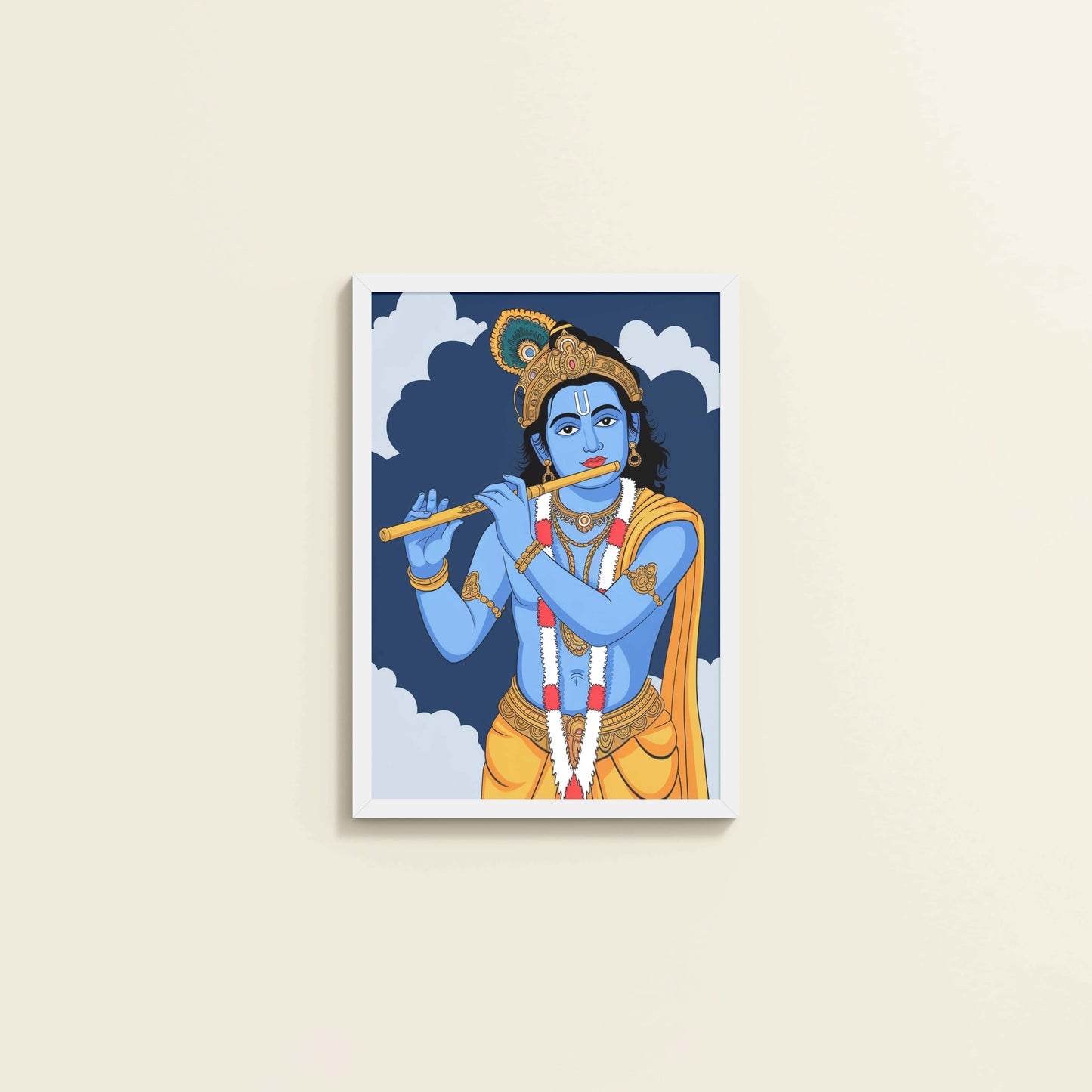 Wall View of Divine Melody – Krishna Playing the Flute Wall Art in White Color Frame