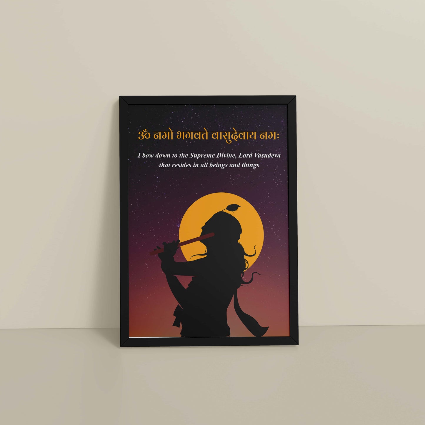 Floor View of Lord Krishna with Om Namo Bhagavate Vasudevaya Mantra Wall Art in Black Color Frame