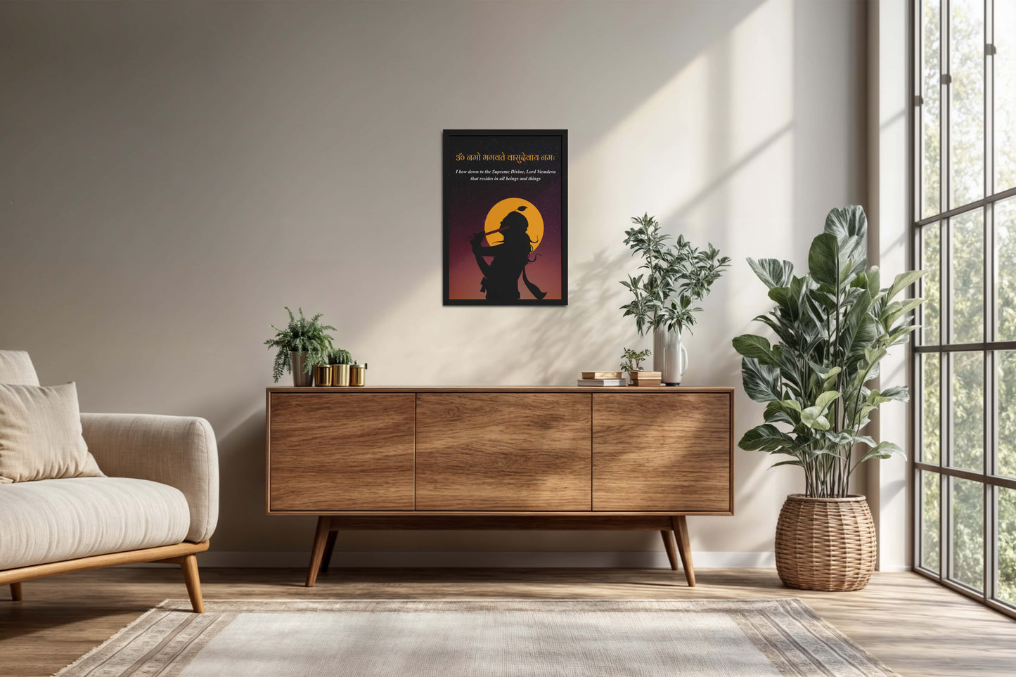 Living Room Cabinet Preview of Lord Krishna with Om Namo Bhagavate Vasudevaya Mantra Wall Art in Black Color Frame