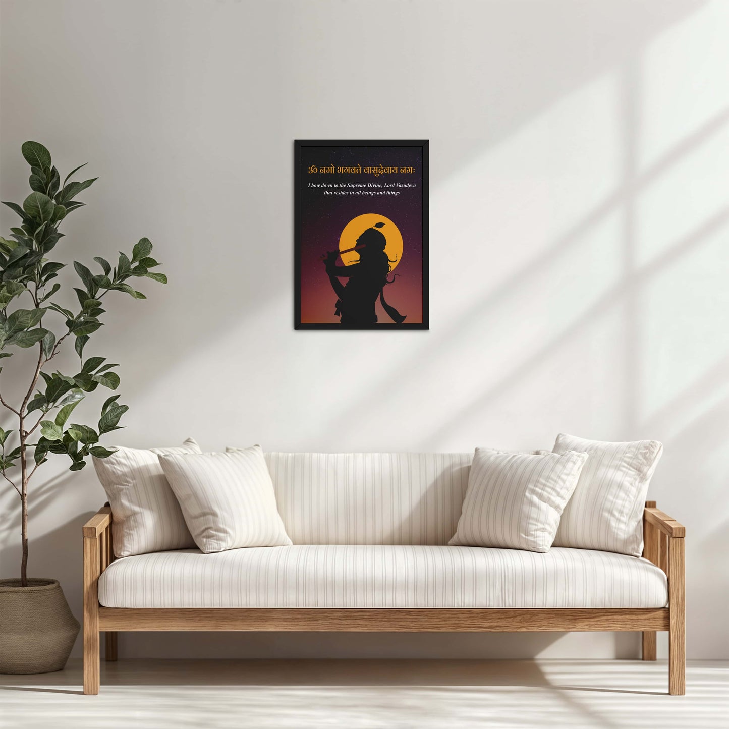Living Room Cabinet Table Preview of Lord Krishna with Om Namo Bhagavate Vasudevaya Mantra Wall Art in Black Color Frame