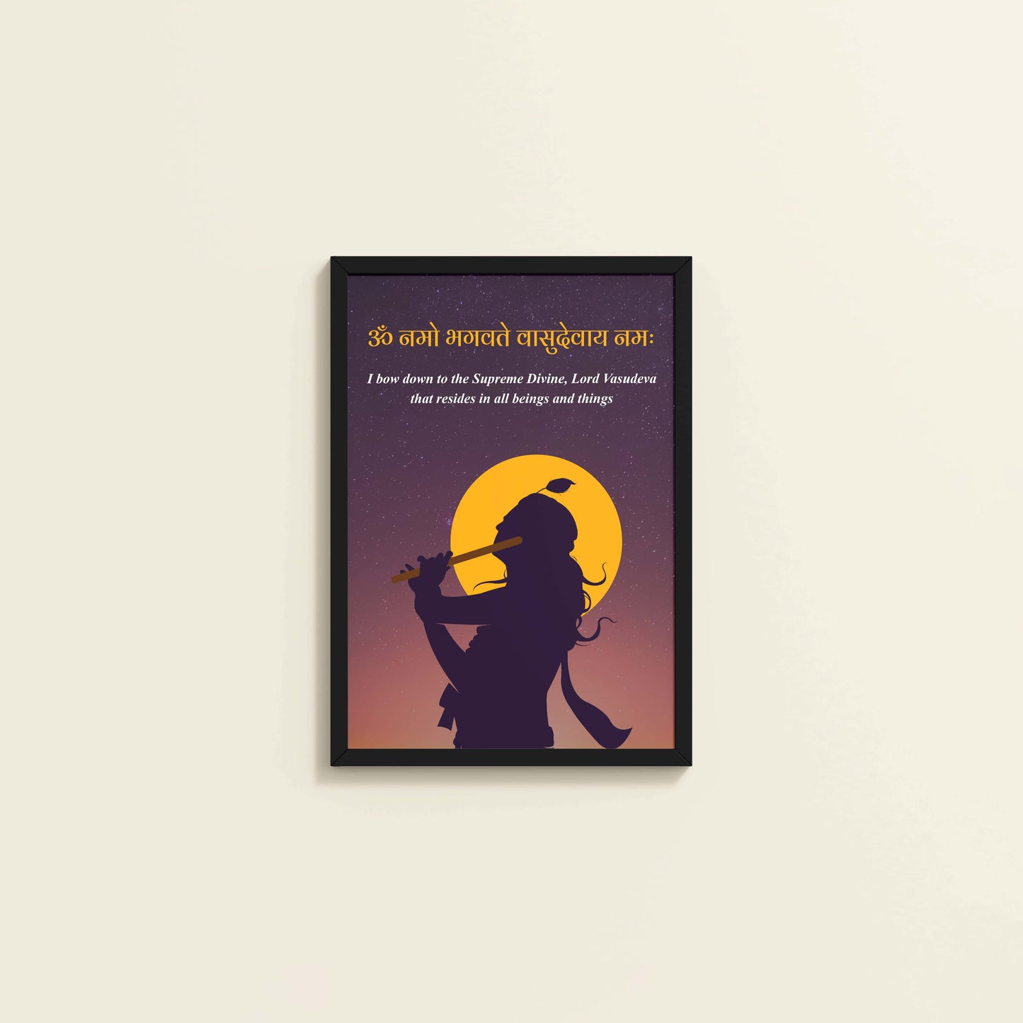 Wall View of Lord Krishna with Om Namo Bhagavate Vasudevaya Mantra Wall Art in Black Color Frame