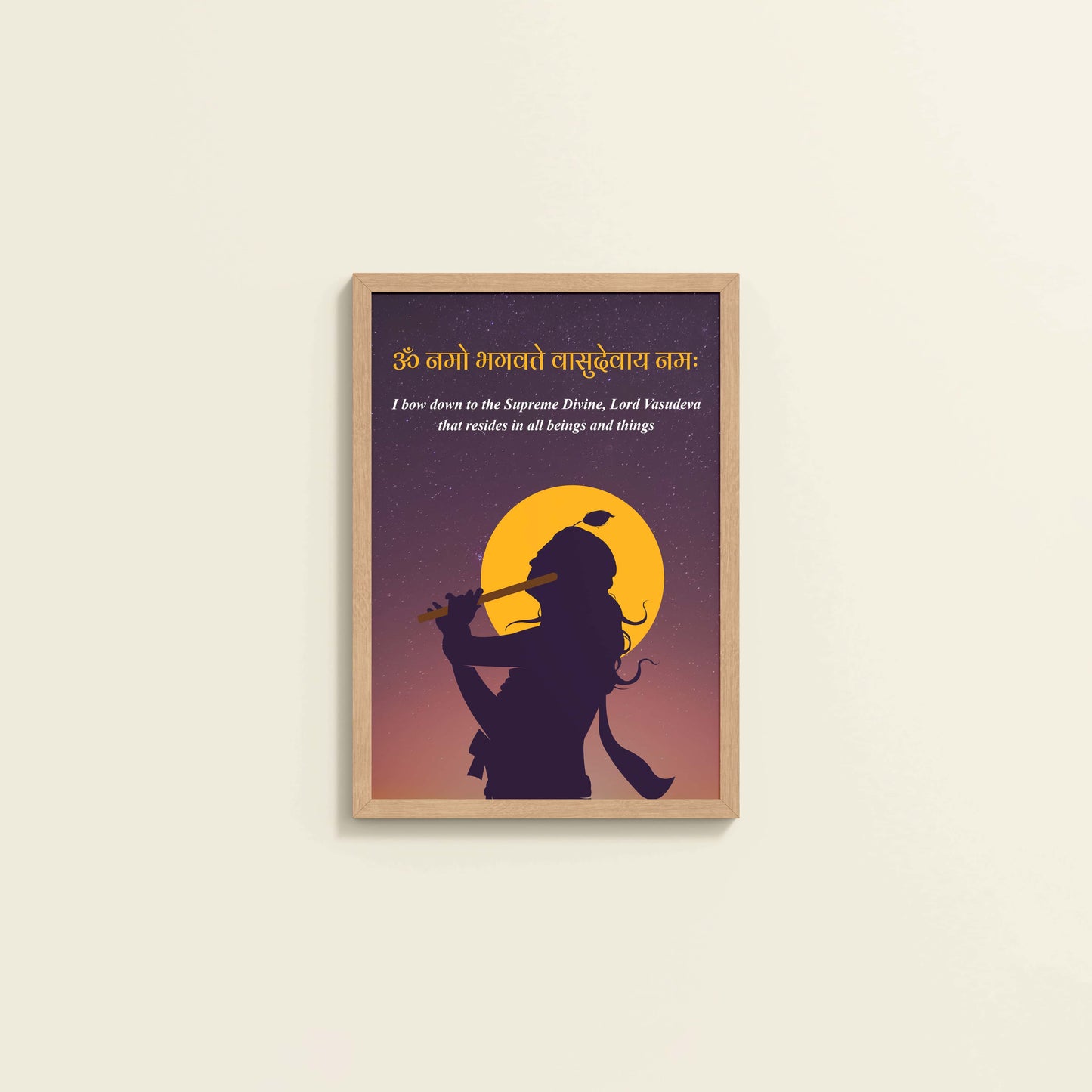 Wall View of Lord Krishna with Om Namo Bhagavate Vasudevaya Mantra Wall Art in Natrual Color Frame
