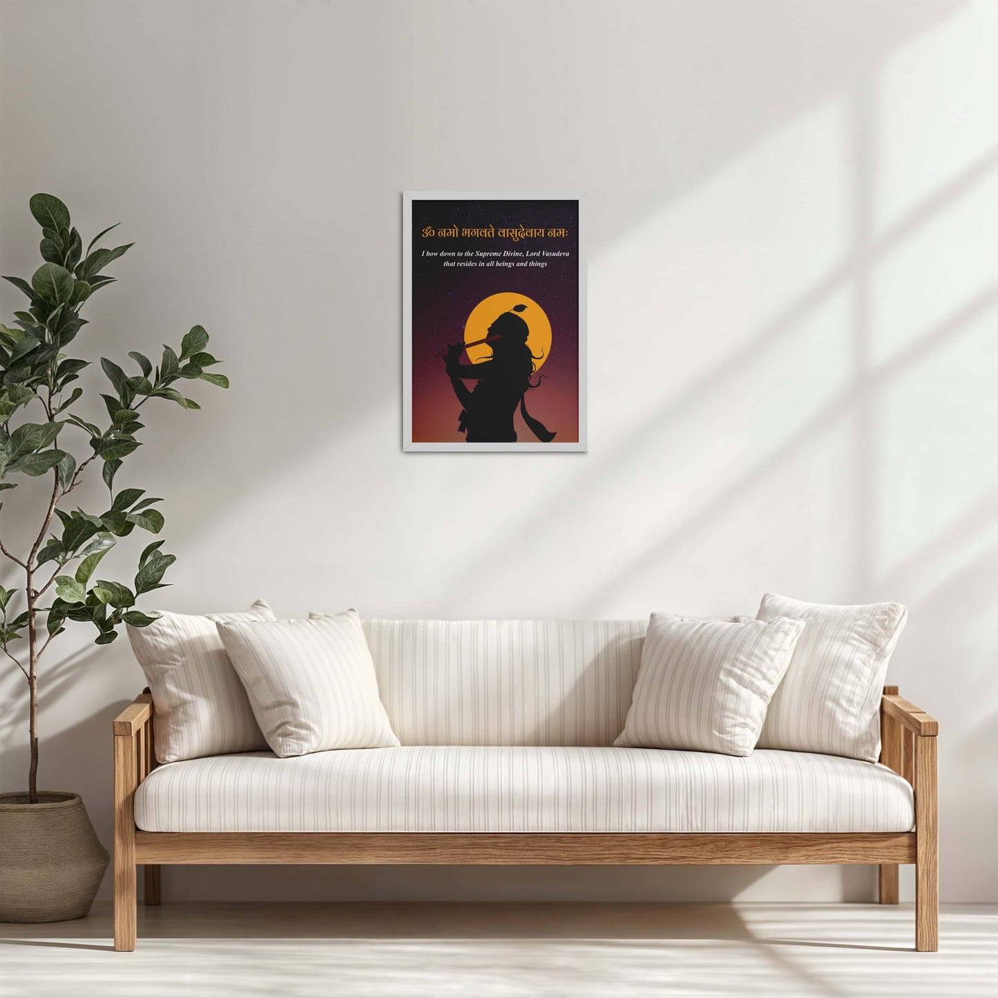 Living Room Cabinet Table Preview of Lord Krishna with Om Namo Bhagavate Vasudevaya Mantra Wall Art in White Color Frame