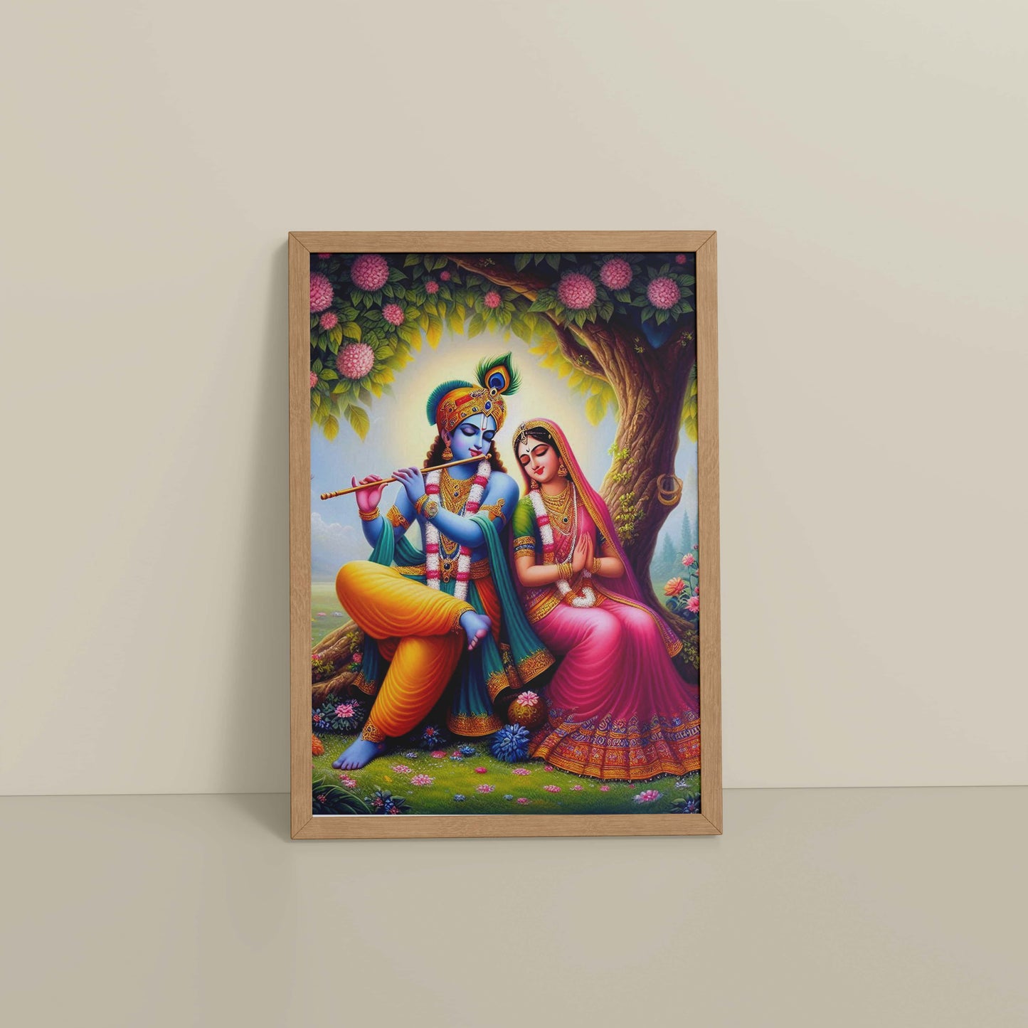 Floor View of Eternal Love – Radha Krishna Devotional Wall Art in Natrual Color Frame