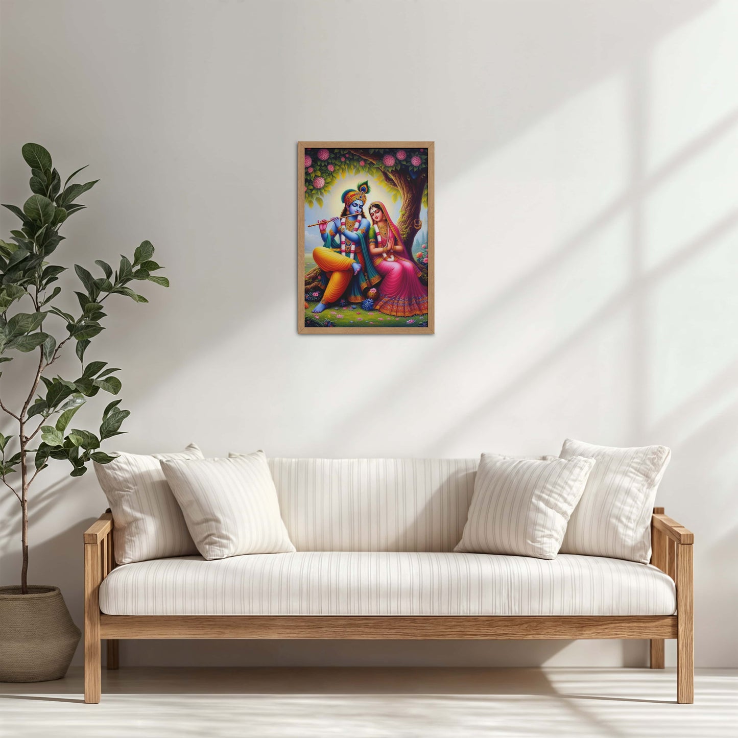 Living Room Cabinet Table Preview of Eternal Love – Radha Krishna Devotional Wall Art in Natrual Color Frame