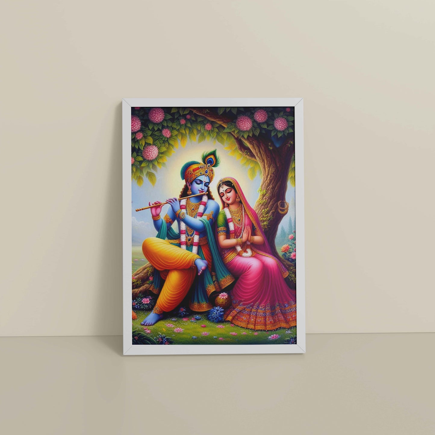 Floor View of Eternal Love – Radha Krishna Devotional Wall Art in White Color Frame