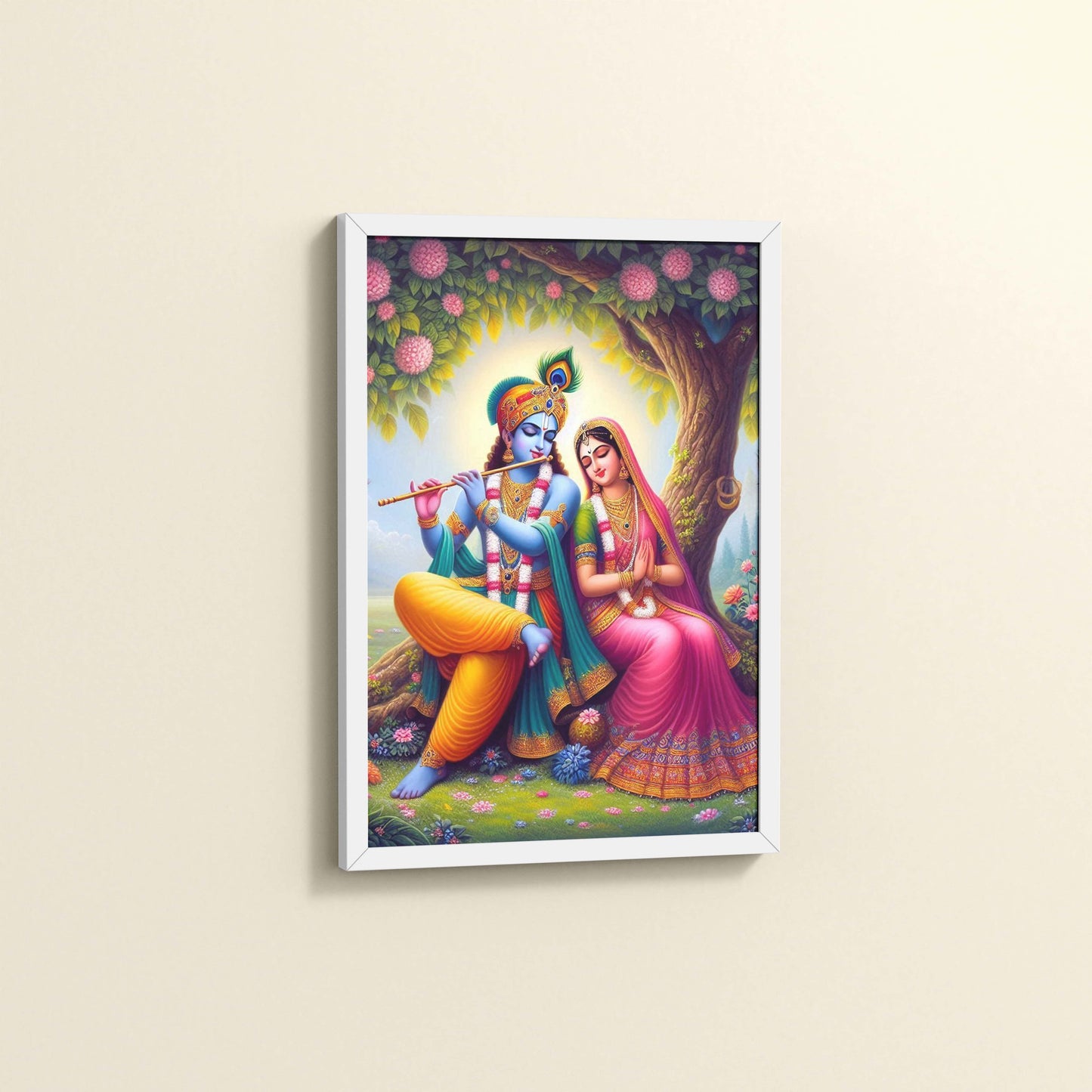 Side View of Eternal Love – Radha Krishna Devotional Wall Art in White Color Frame