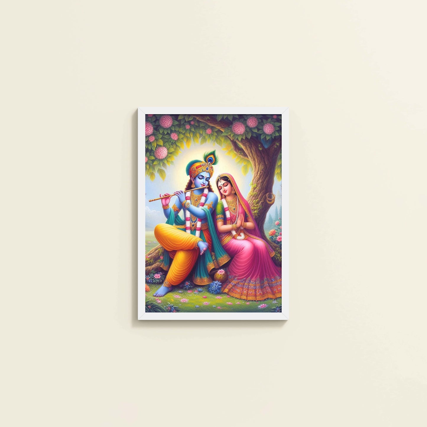 Wall View of Eternal Love – Radha Krishna Devotional Wall Art in White Color Frame