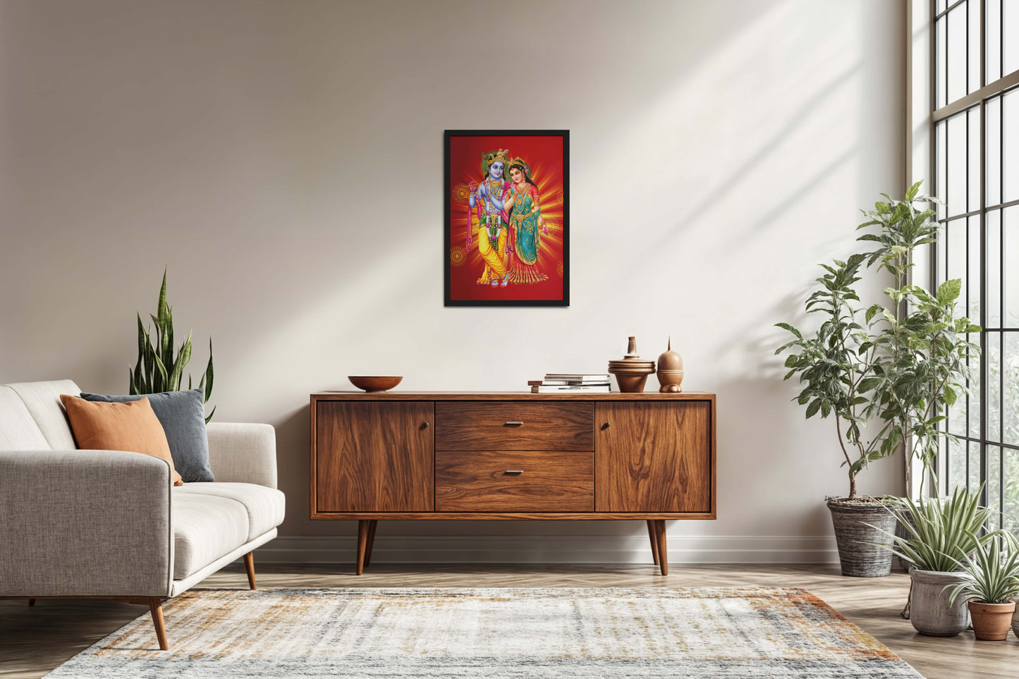 Living Room Sofa Preview of Spiritual Blessings of Radha Krishna – Wall Art & Decor in Black Color Frame