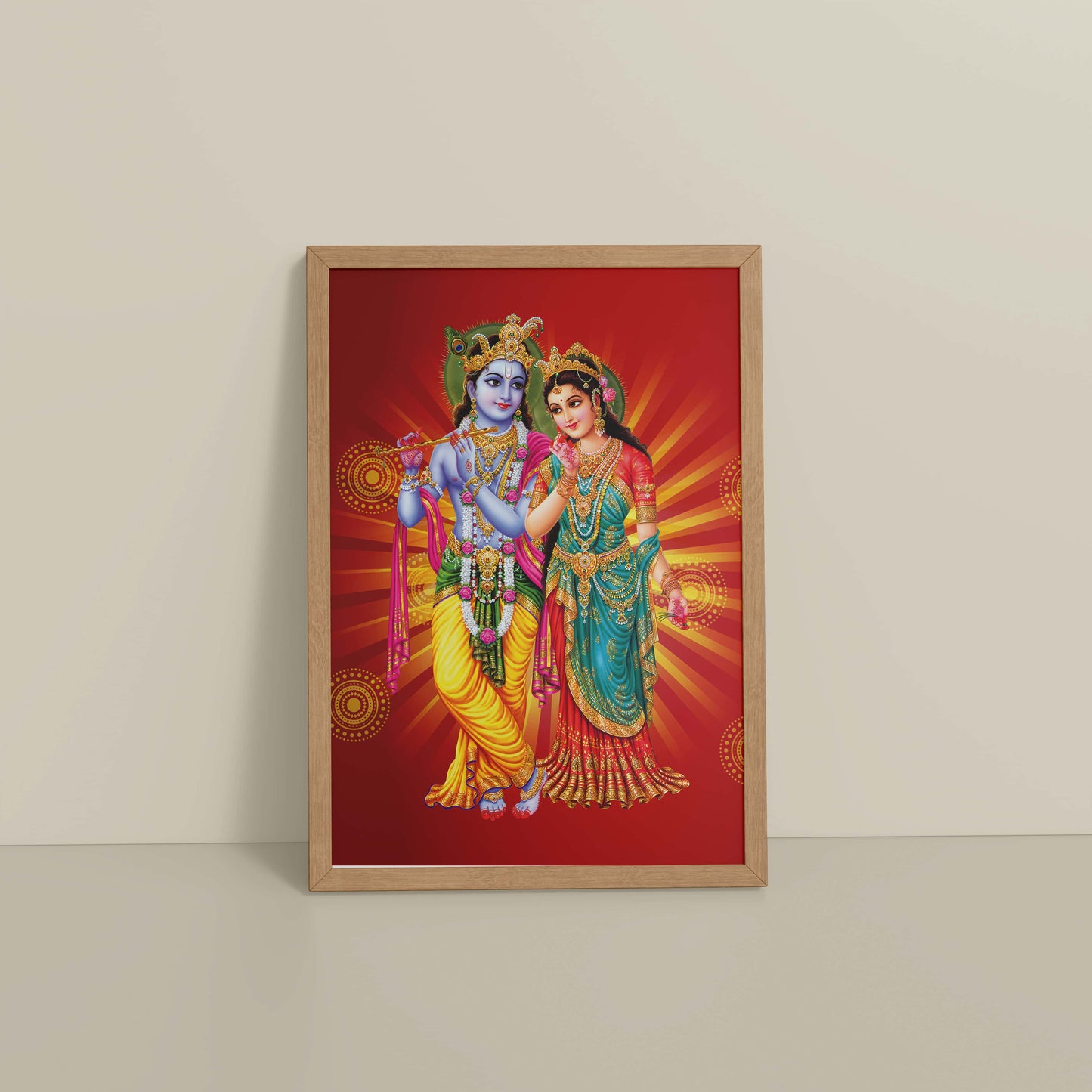 Floor View of Spiritual Blessings of Radha Krishna – Wall Art & Decor in Natrual Color Frame