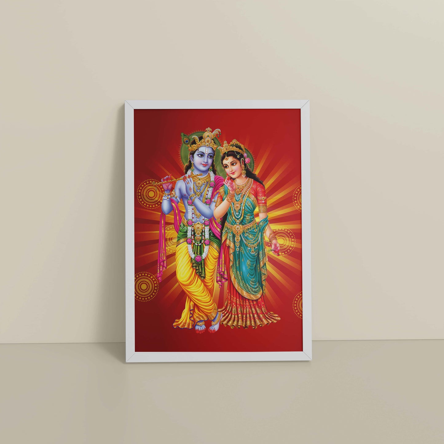 Floor View of Spiritual Blessings of Radha Krishna – Wall Art & Decor in White Color Frame