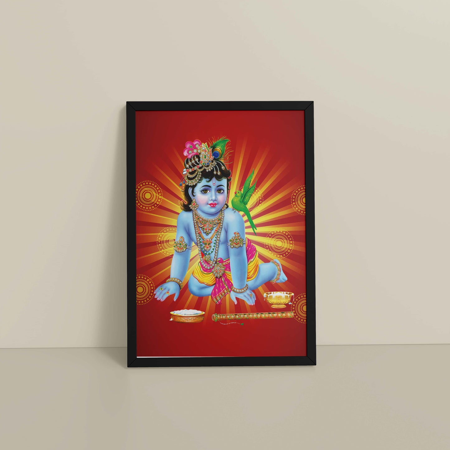 Floor View of Bal Krishna Devotional Wall Frame Painting in Black Color Frame