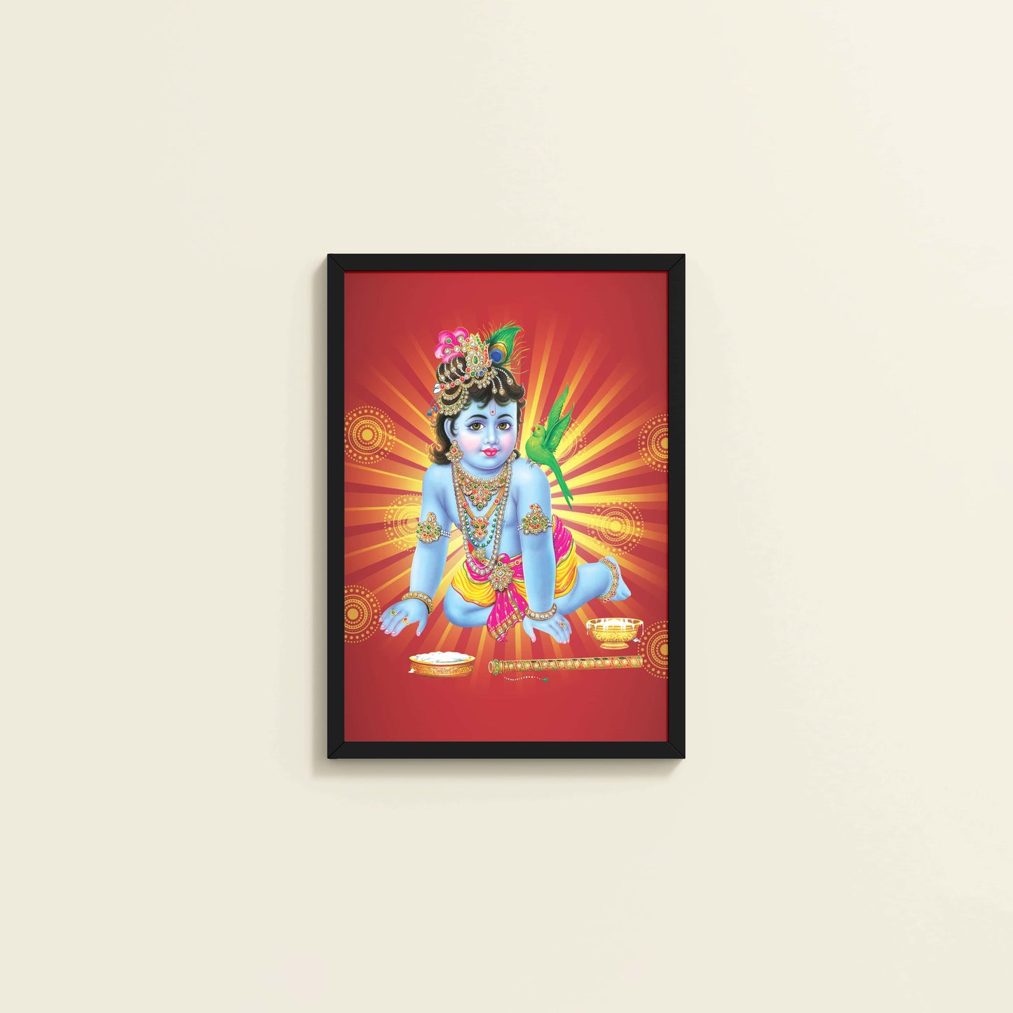 Wall View of Bal Krishna Devotional Wall Frame Painting in Black Color Frame