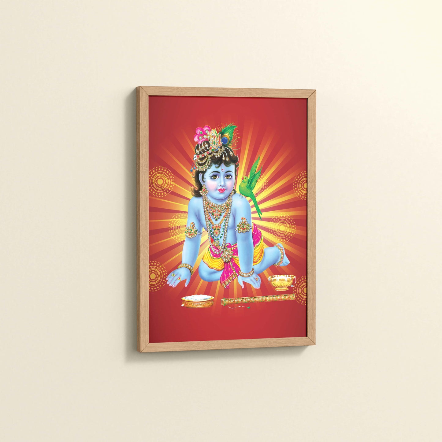 Side View of Bal Krishna Devotional Wall Frame Painting in Natrual Color Frame