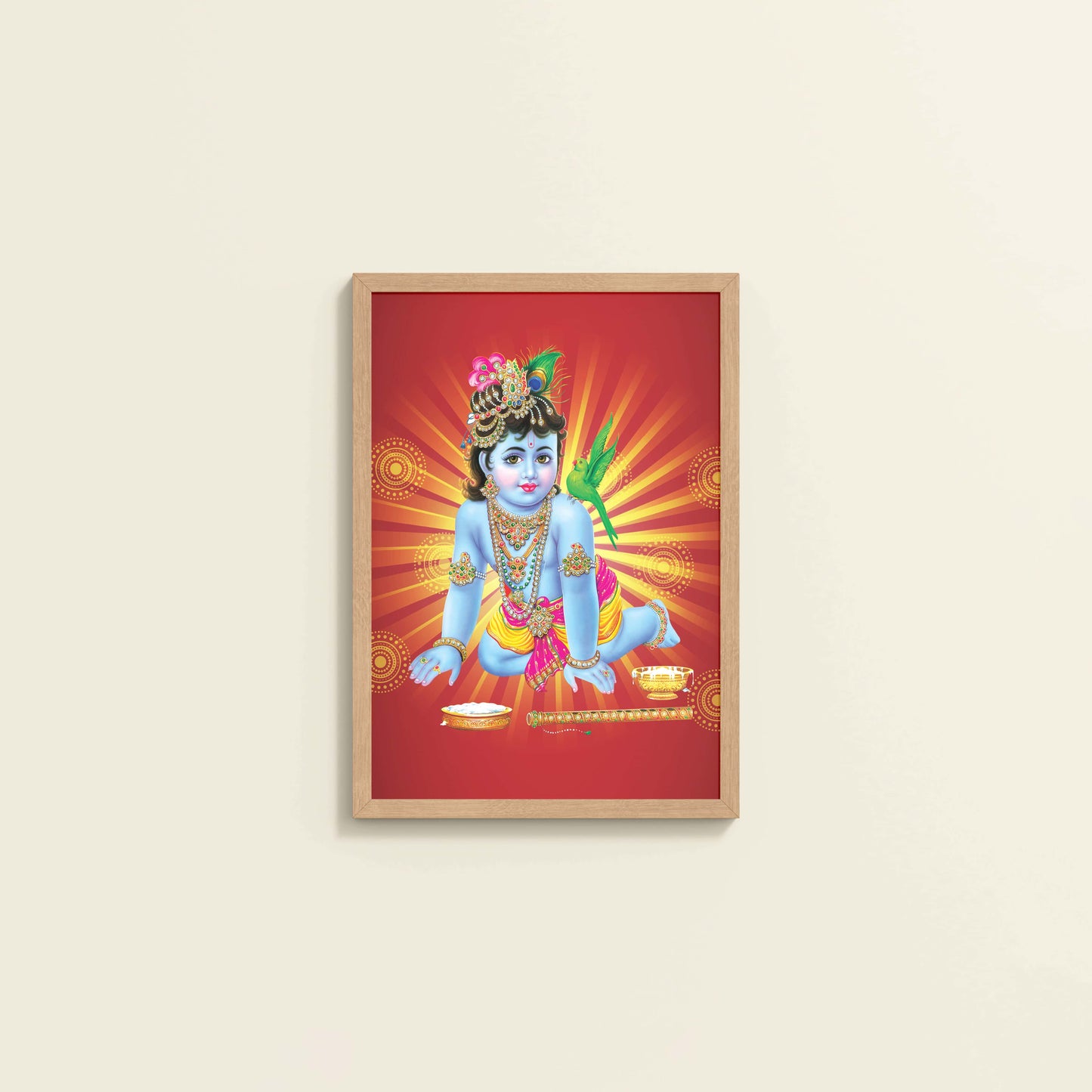 Wall View of Bal Krishna Devotional Wall Frame Painting in Natrual Color Frame