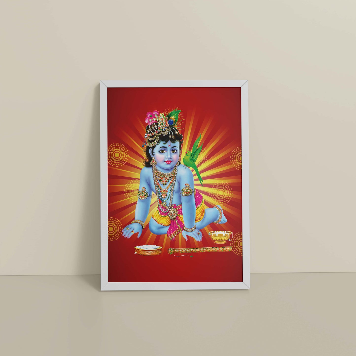 Floor View of Bal Krishna Devotional Wall Frame Painting in White Color Frame