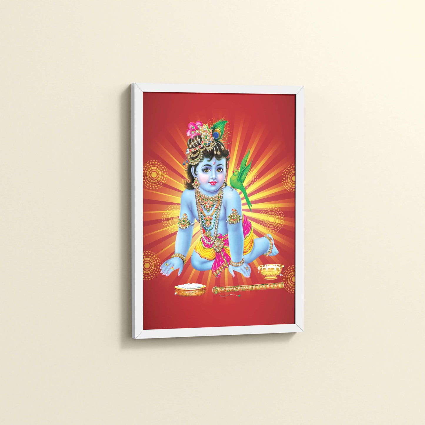 Side View of Bal Krishna Devotional Wall Frame Painting in White Color Frame