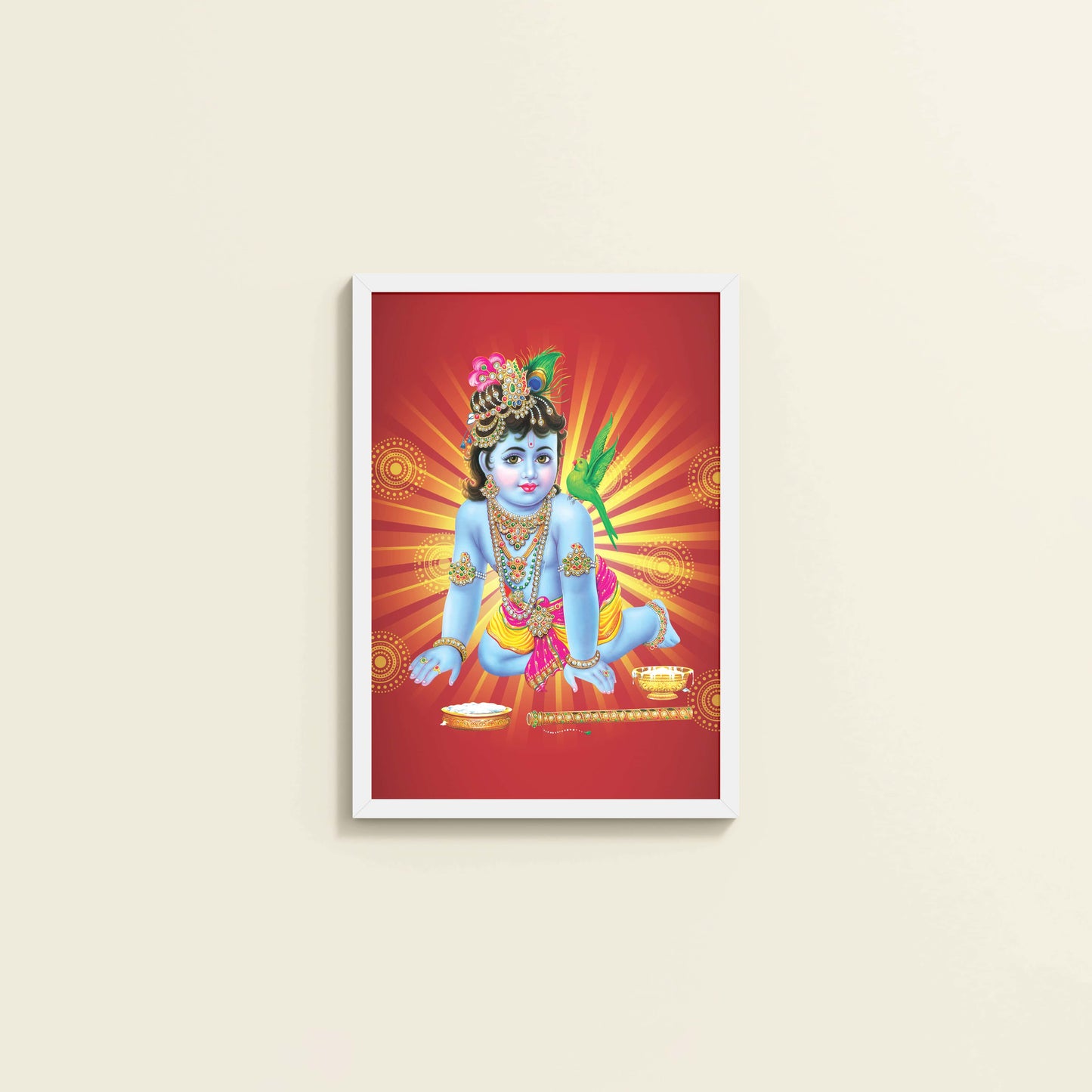Wall View of Bal Krishna Devotional Wall Frame Painting in White Color Frame