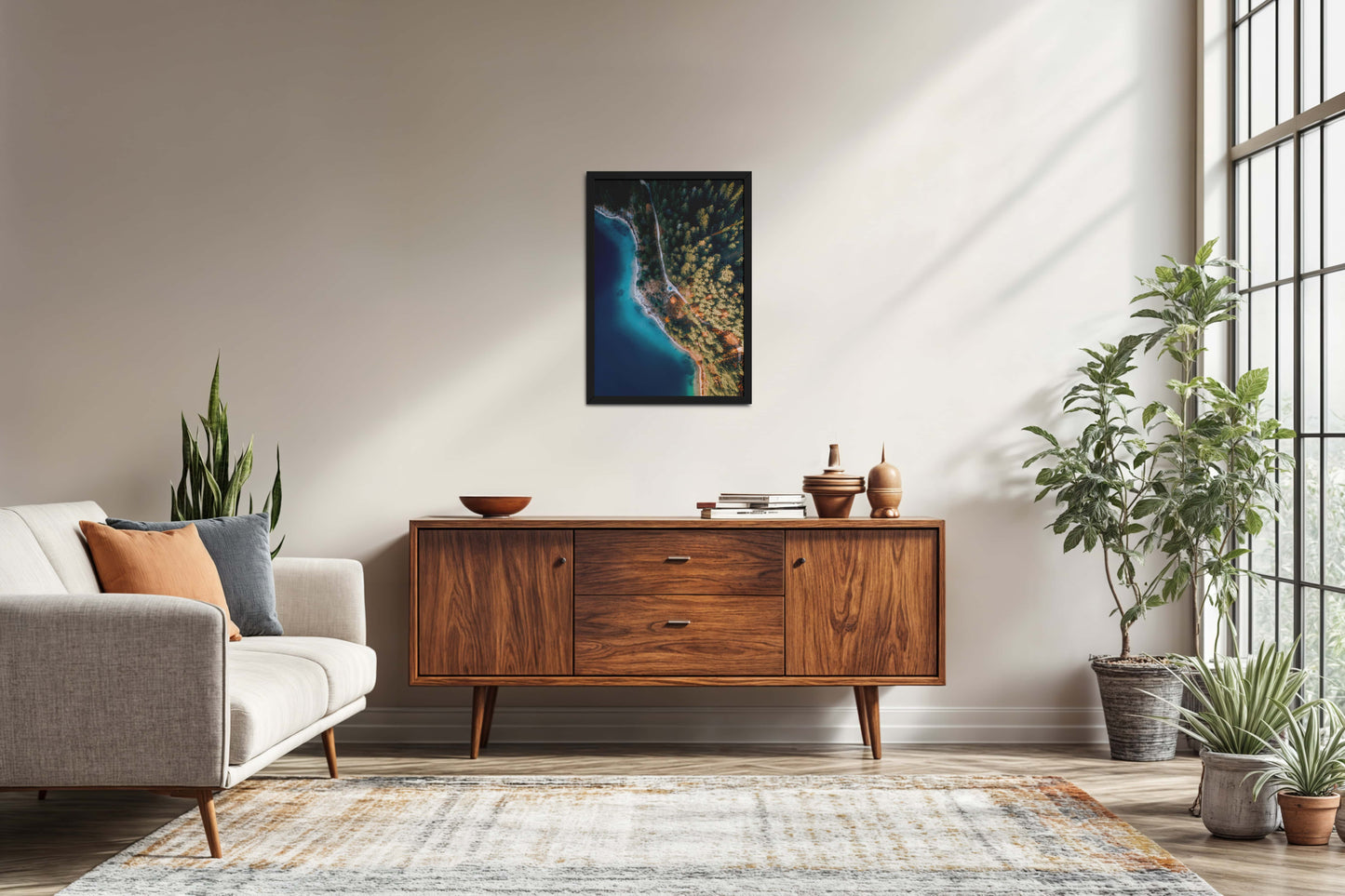 Living Room Sofa Preview of Coastal Trees View – Landscape Wall Art Photo Frame in Black Color Frame