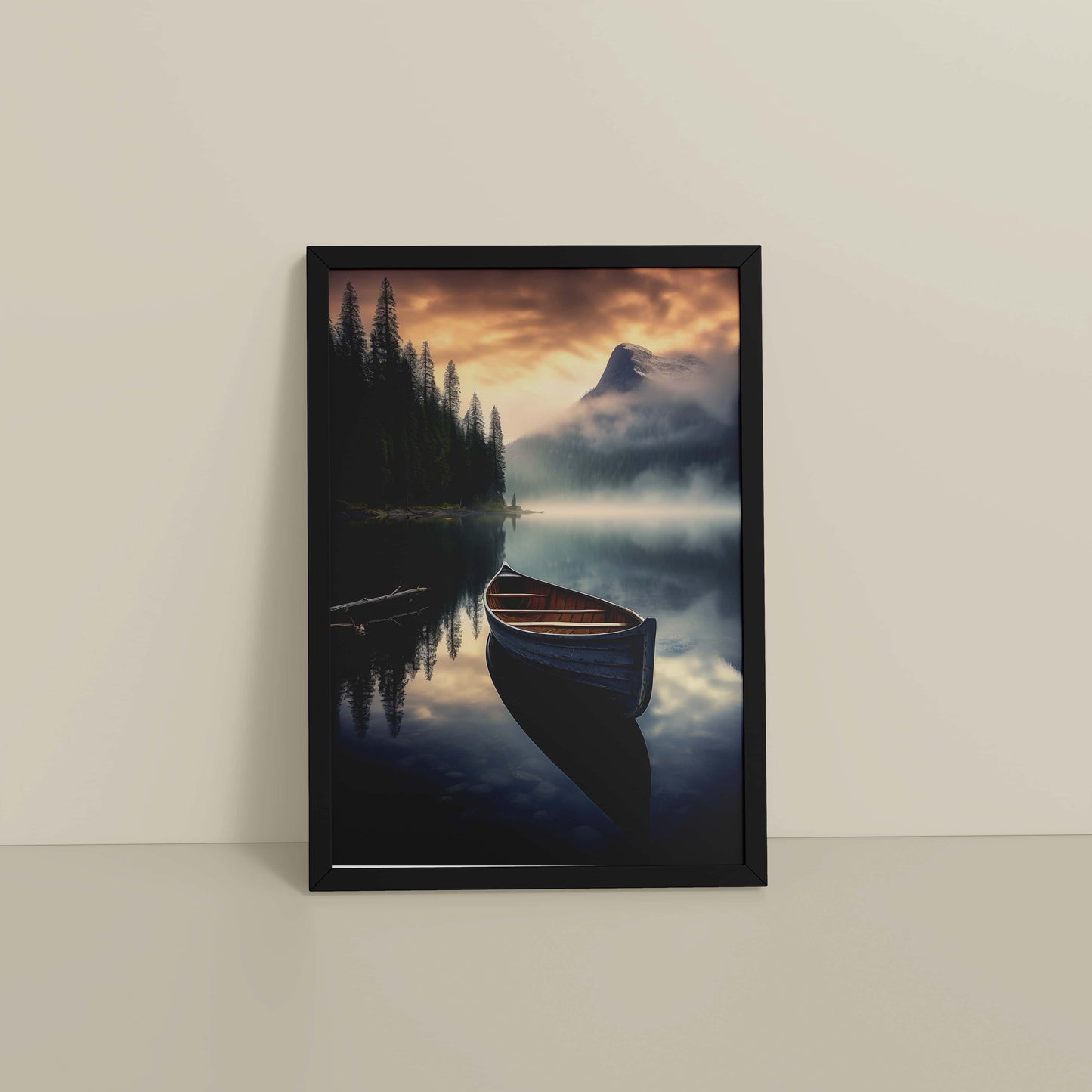Floor View of Lake Serenity – Wooden Boat Landscape Photo Frame in Black Color Frame