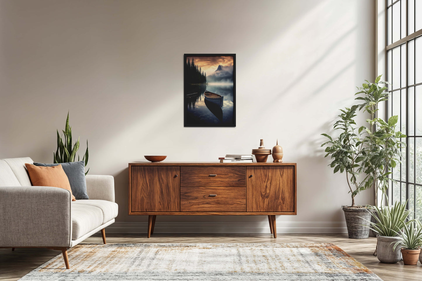 Living Room Sofa Preview of Lake Serenity – Wooden Boat Landscape Photo Frame in Black Color Frame
