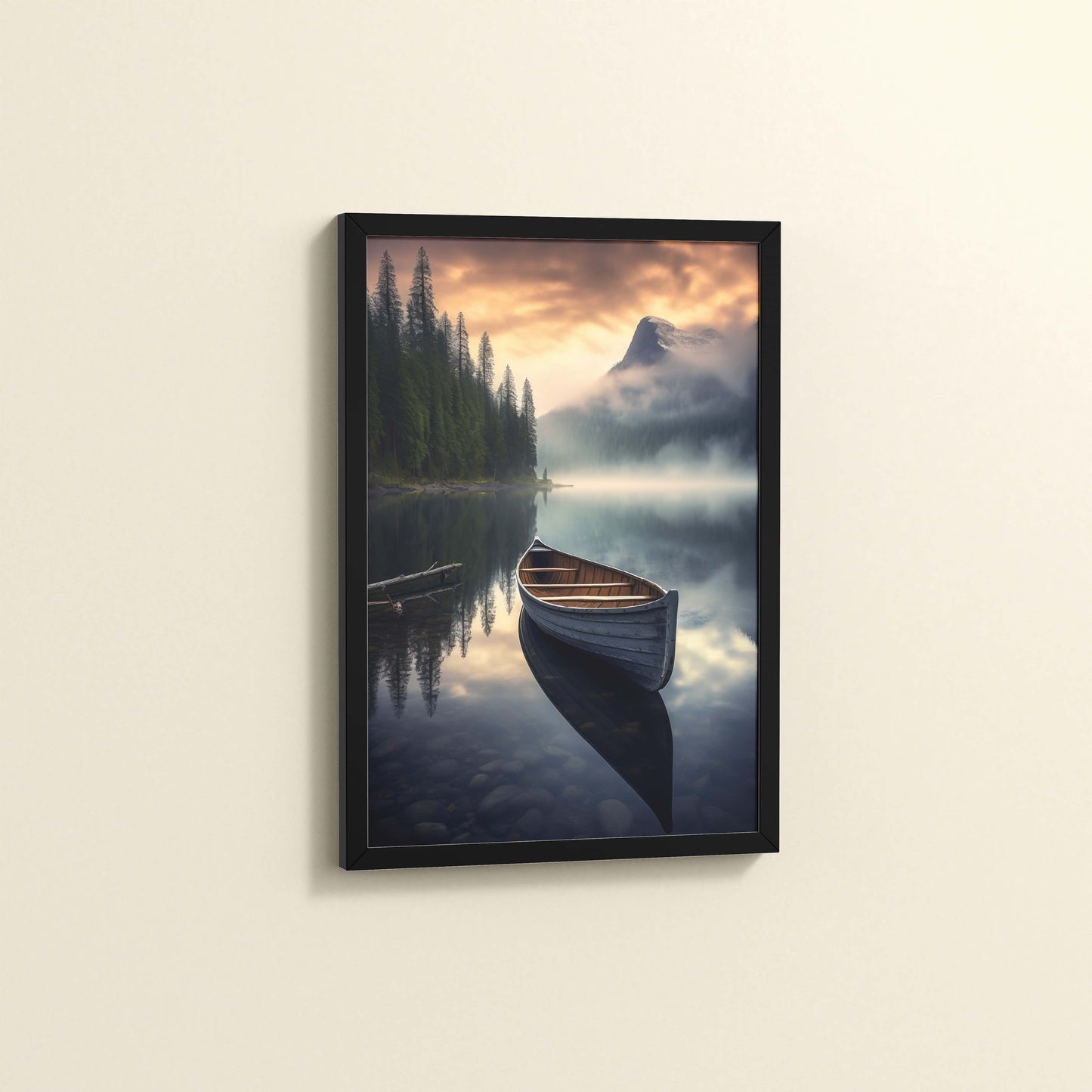 Side View of Lake Serenity – Wooden Boat Landscape Photo Frame in Black Color Frame
