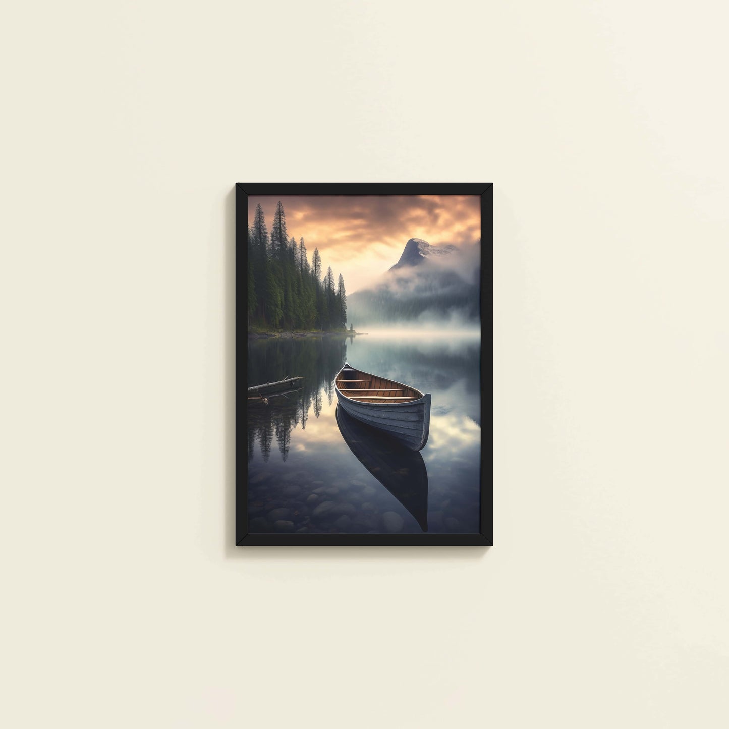 Wall View of Lake Serenity – Wooden Boat Landscape Photo Frame in Black Color Frame