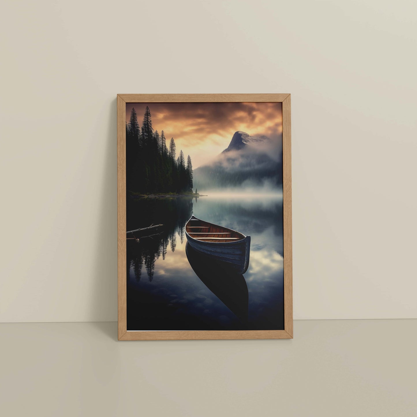 Floor View of Lake Serenity – Wooden Boat Landscape Photo Frame in Natrual Color Frame
