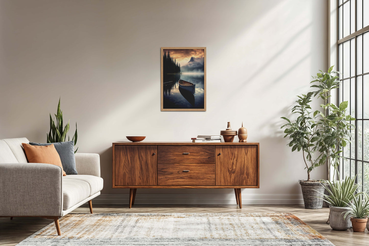 Living Room Sofa Preview of Lake Serenity – Wooden Boat Landscape Photo Frame in Natrual Color Frame