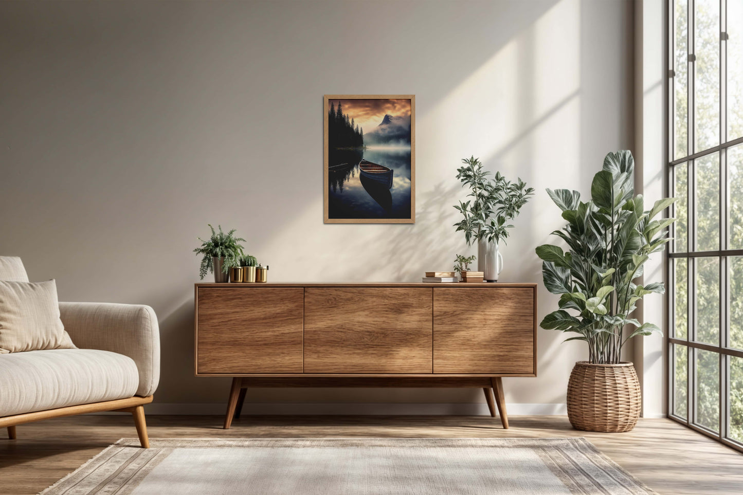Living Room Cabinet Preview of Lake Serenity – Wooden Boat Landscape Photo Frame in Natrual Color Frame