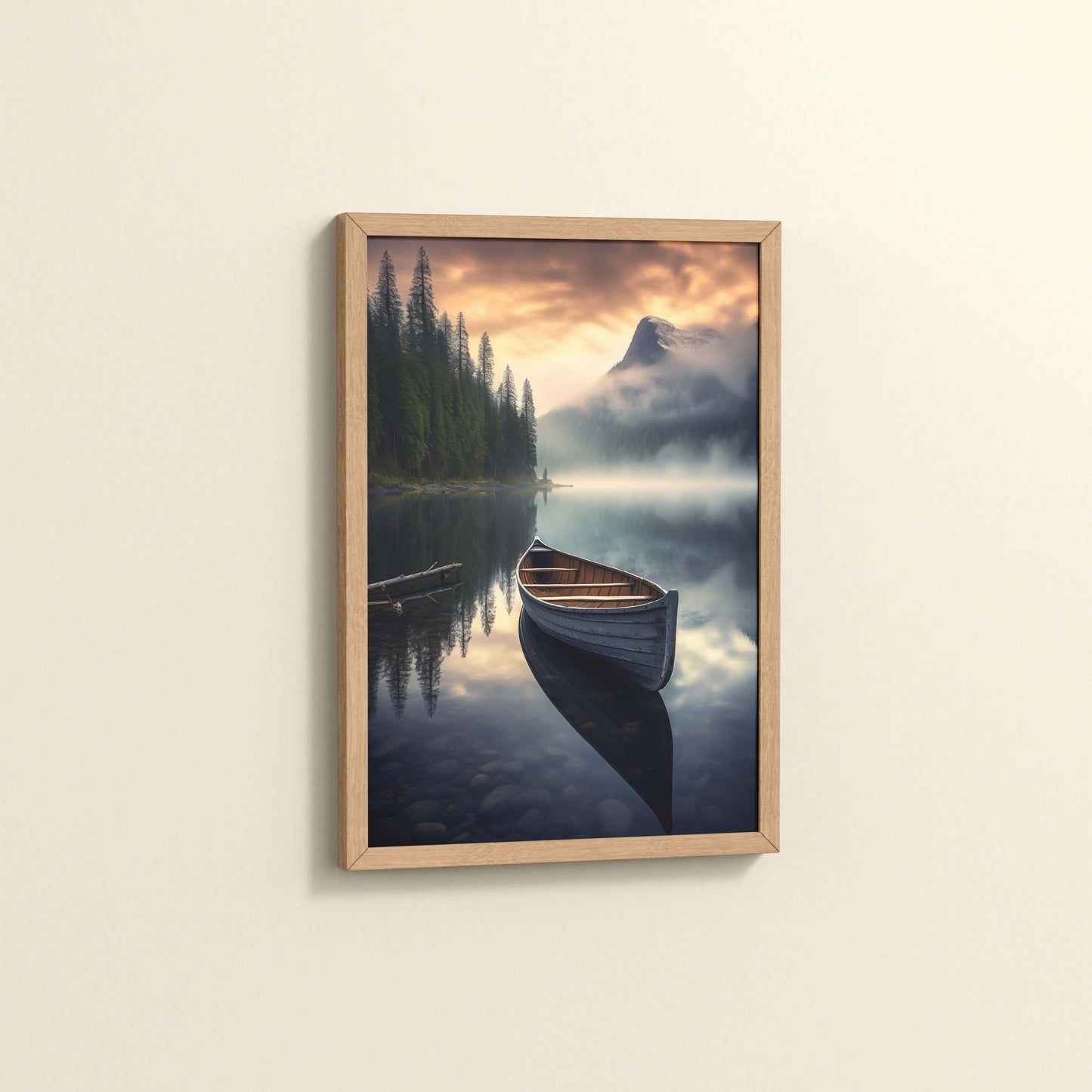 Side View of Lake Serenity – Wooden Boat Landscape Photo Frame in Natrual Color Frame