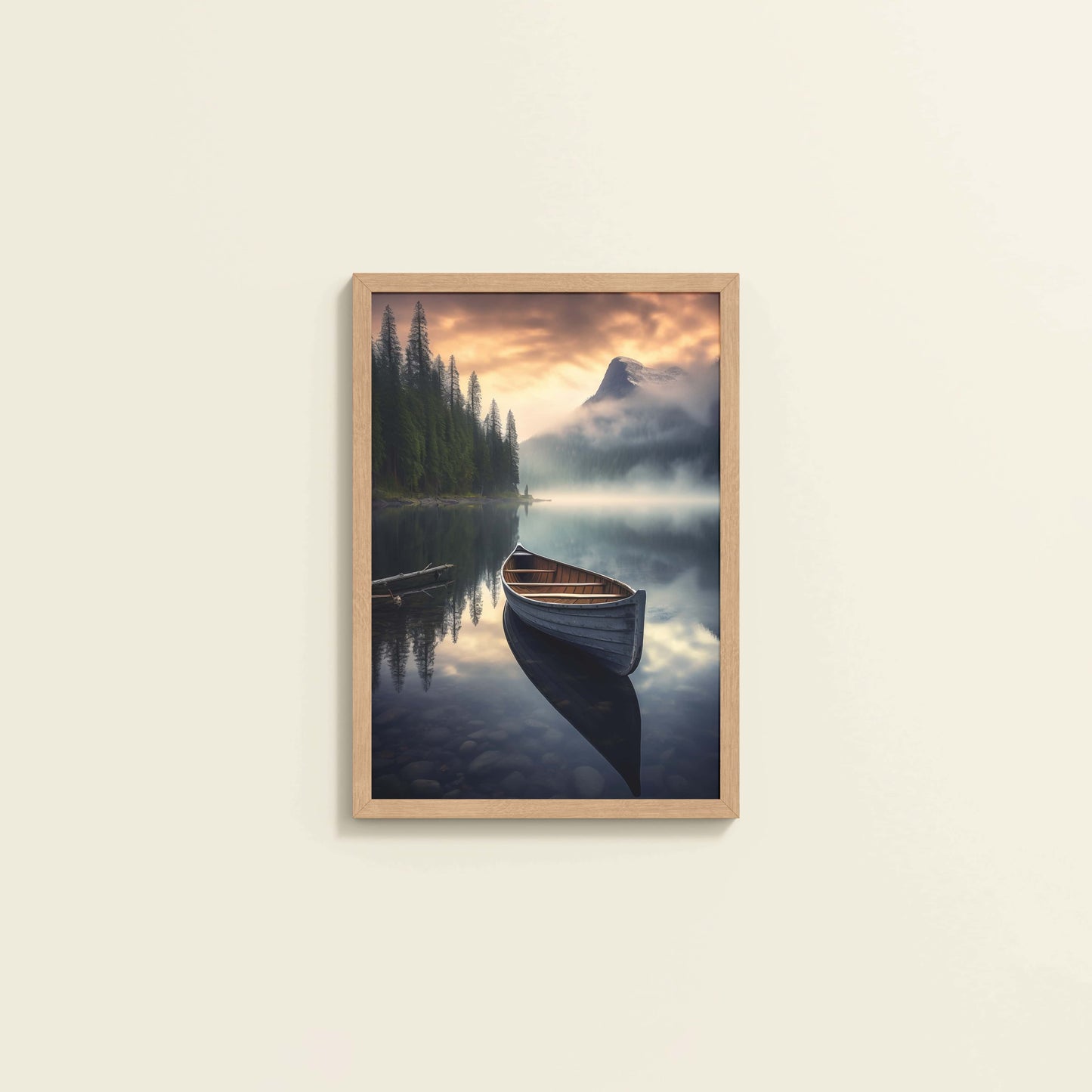 Wall View of Lake Serenity – Wooden Boat Landscape Photo Frame in Natrual Color Frame