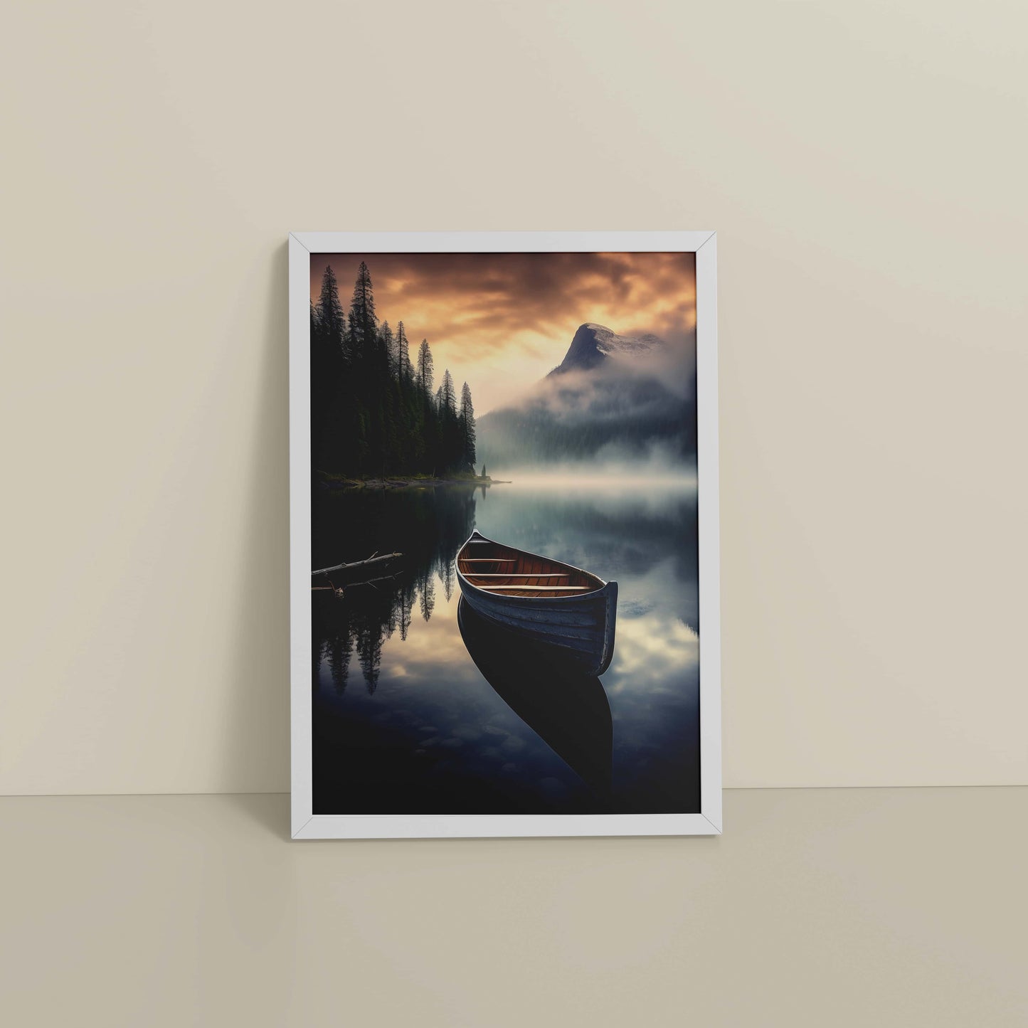 Floor View of Lake Serenity – Wooden Boat Landscape Photo Frame in White Color Frame