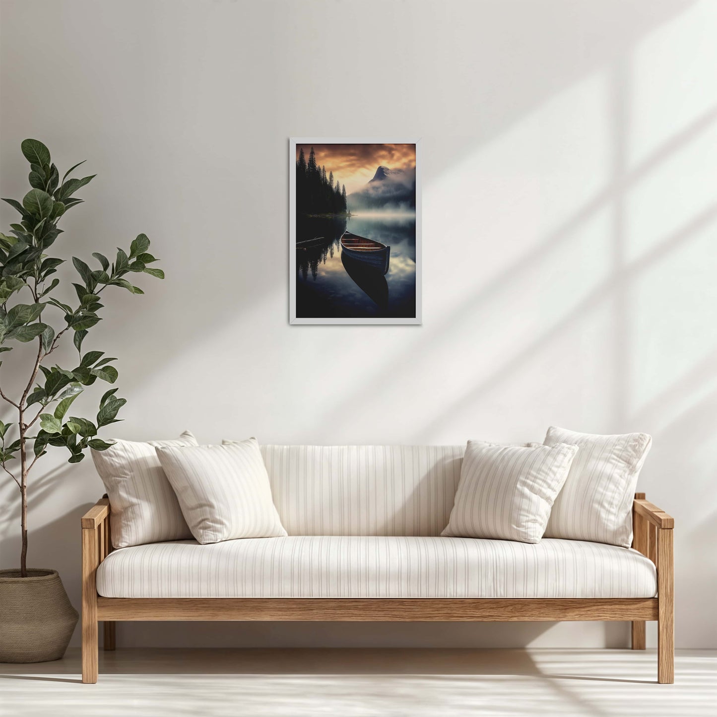Living Room Cabinet Table Preview of Lake Serenity – Wooden Boat Landscape Photo Frame in White Color Frame