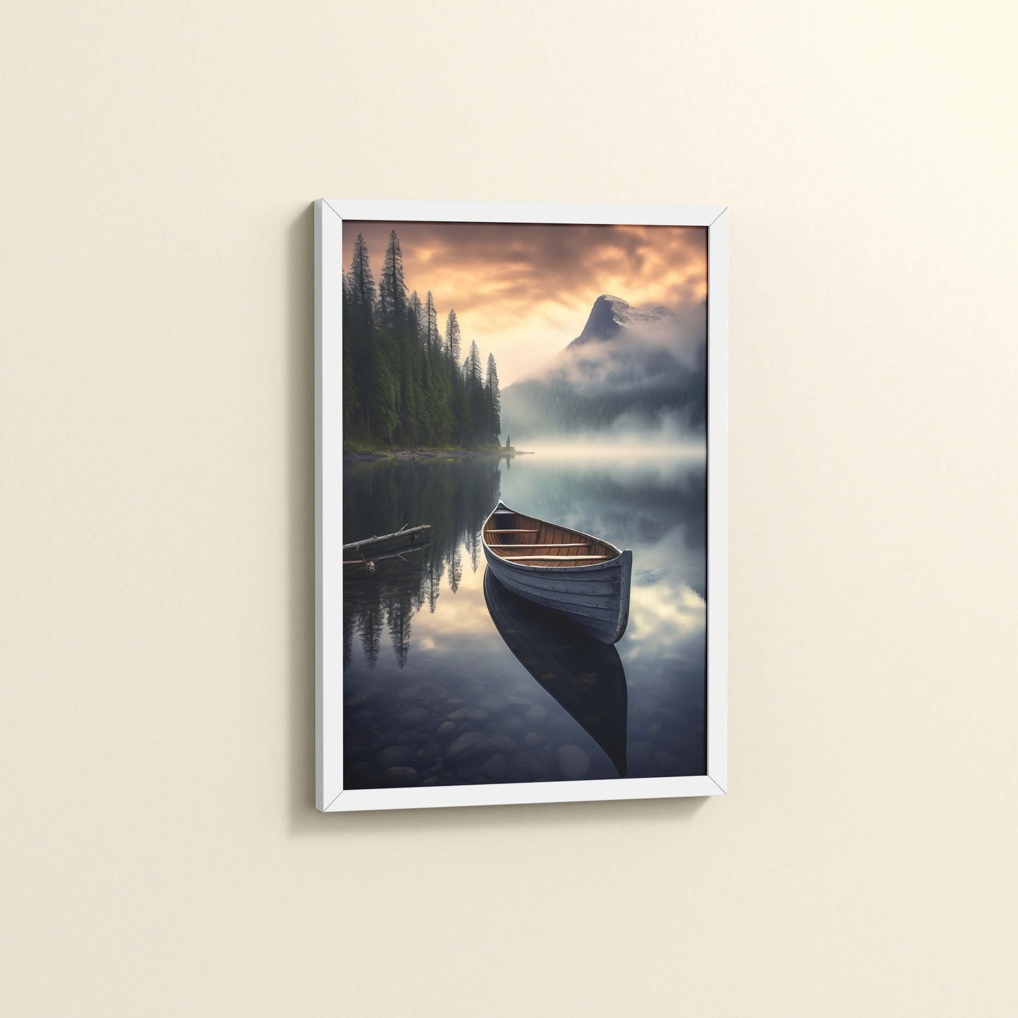 Side View of Lake Serenity – Wooden Boat Landscape Photo Frame in White Color Frame