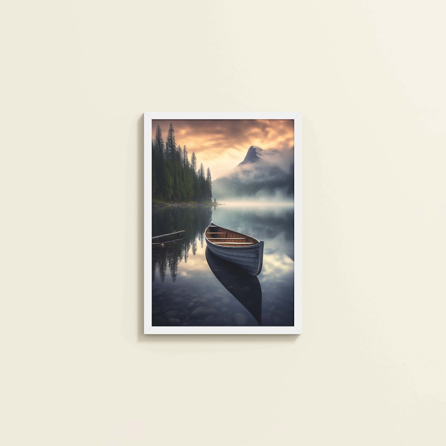 Wall View of Lake Serenity – Wooden Boat Landscape Photo Frame in White Color Frame