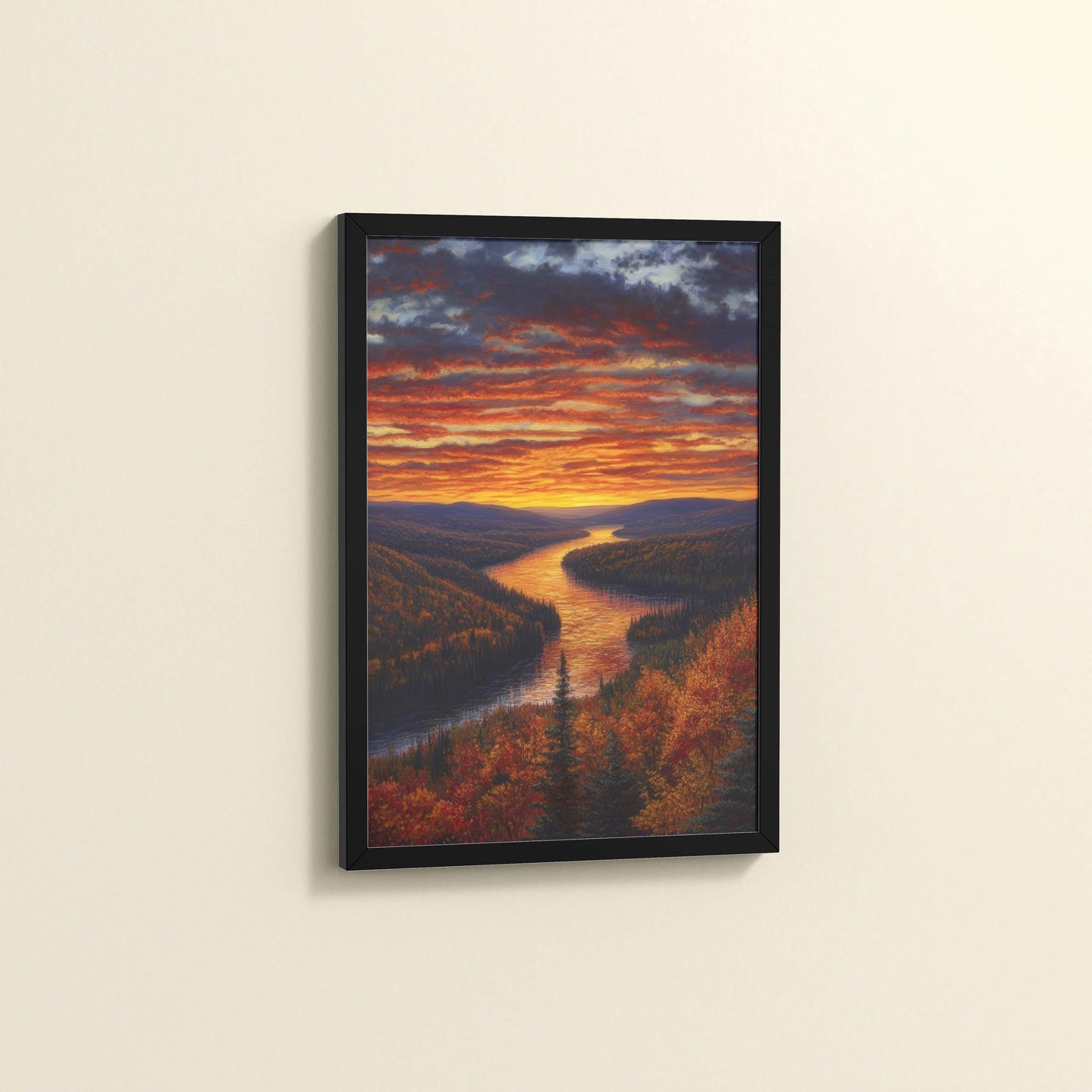 Side View of Autumn Glow – Sunset Over River Landscape Wall Frame in Black Color Frame