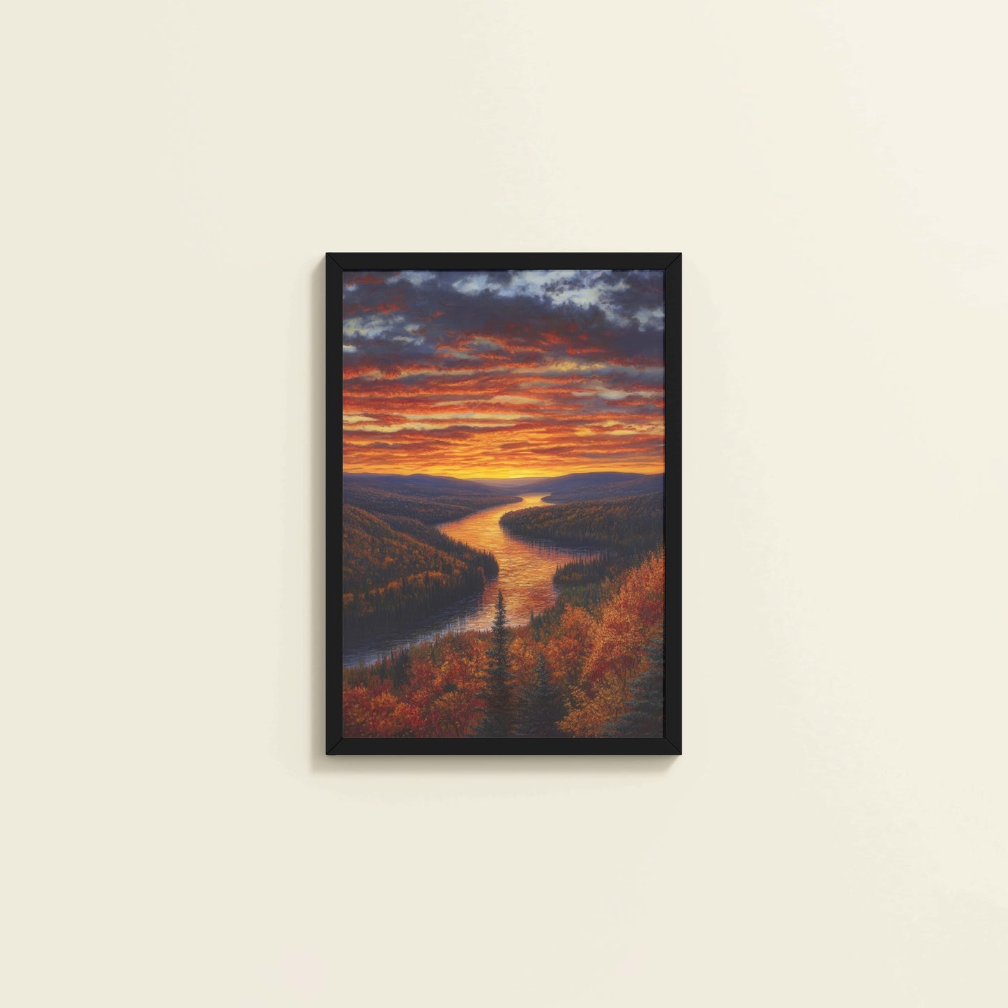 Wall View of Autumn Glow – Sunset Over River Landscape Wall Frame in Black Color Frame