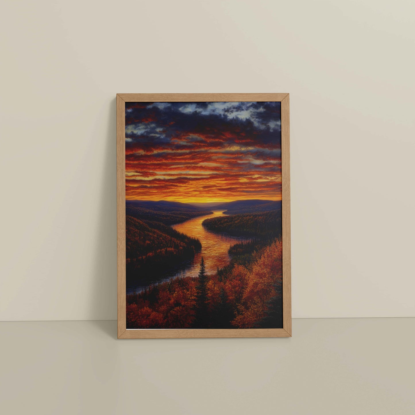 Floor View of Autumn Glow – Sunset Over River Landscape Wall Frame in Natrual Color Frame