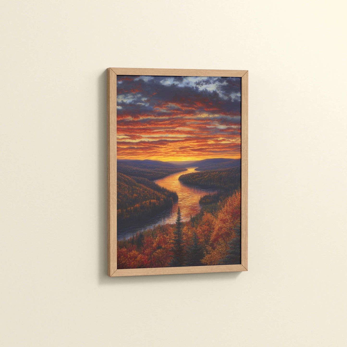 Side View of Autumn Glow – Sunset Over River Landscape Wall Frame in Natrual Color Frame
